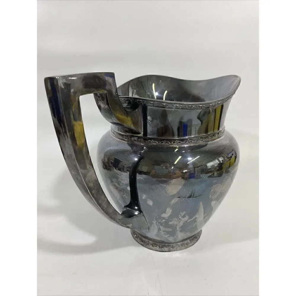 Antique H.S. Co Silverplate Water Pitcher Art Deco 7.75” X 9.5” Geometric Handle